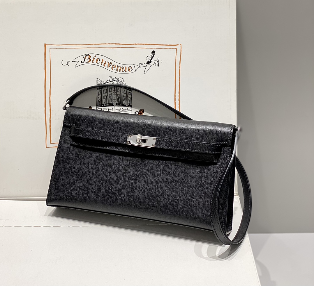 Hermes Kelly Elan Shoulder Bag in Black Epsom Leather 